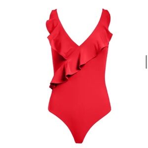 Leith Red Ruffle V-Neck Bodysuit